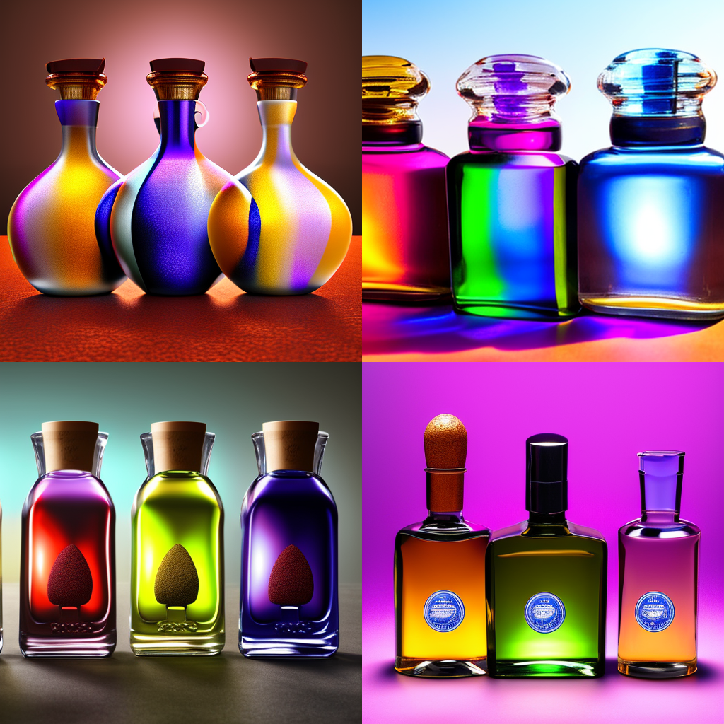 AI synthesized images of three fantastical ink bottles